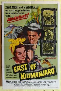 2r234 EAST OF KILIMANJARO one-sheet '62 two men and a woman on a misison in the African jungle!