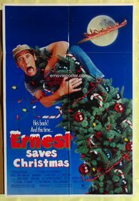 2r248 ERNEST SAVES CHRISTMAS one-sheet '88 great image of Jim Varney falling off Christmas tree!
