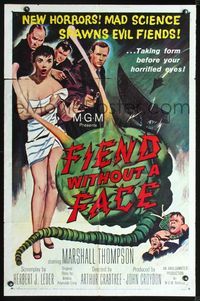 2r264 FIEND WITHOUT A FACE 1sh '58giant brain & girl only in towel, mad science spawns evil fiends!