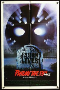 2r287 FRIDAY THE 13th PART VI one-sheet '86 Jason Lives, cool image of hockey mask & tombstone!