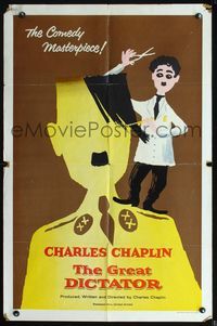 2r323 GREAT DICTATOR one-sheet R58 great art of Charlie Chaplin cutting Hitler's hair