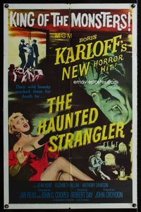 2r351 HAUNTED STRANGLER one-sheet '58 creepy Boris Karloff marked their death by their wild beauty!