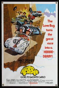 2r368 HERBIE GOES TO MONTE CARLO one-sheet '77 Disney, wacky art of Volkswagen Beetle car racing!