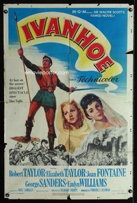 2r449 IVANHOE one-sheet movie poster '52 artwork of Elizabeth Taylor, Robert Taylor & Joan Fontaine!