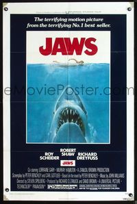 2r453 JAWS 1sheet '75 artwork of Steven Spielberg's classic man-eating shark attacking sexy swimmer!