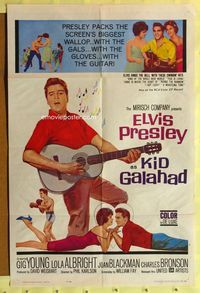2r469 KID GALAHAD one-sheet '62 art of Elvis Presley singing with guitar, boxing, and romancing!