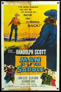 2r587 MAN IN THE SADDLE one-sheet poster R59 Randolph Scott, Joan Leslie, cool art of gunfight!