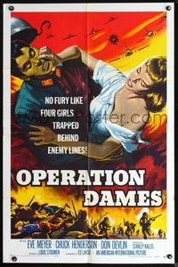 2r656 OPERATION DAMES 1sh '59 art of sexy Eve Meyer, Russ' wife, girls trapped behind enemy lines!