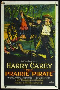 2r003 PRAIRIE PIRATE style A 1sh '25 great stone litho art of Harry Carey saving girl in carriage!