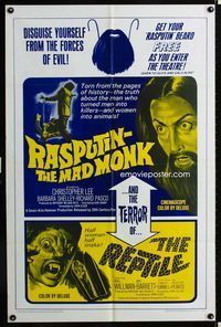 2r703 RASPUTIN THE MAD MONK/REPTILE one-sheet poster '66 wacky double-bill, free Rasputin beards!