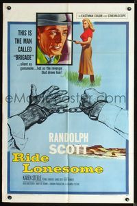 2r731 RIDE LONESOME one-sheet movie poster '59 Randolph Scott, Budd Boetticher, Karen Steele w/gun!