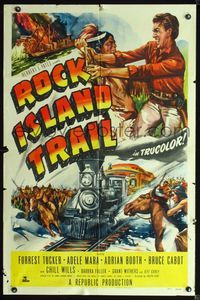 2r739 ROCK ISLAND TRAIL style A one-sheet '50 Forrest Tucker vs Native Americans, cool train art!