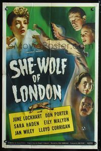 2r784 SHE-WOLF OF LONDON one-sheet '46 cool art of spooky female hooded phantom + cast headshots!