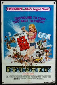 2r795 SIX PACK ANNIE one-sheet movie poster '75 AIP, sexy girl & beer, lookout..she's legal now!
