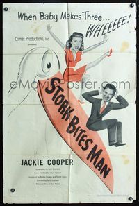 2r831 STORK BITES MAN one-sheet '47 Jackie Cooper & Meg Randall have a baby, cool wacky bird art!