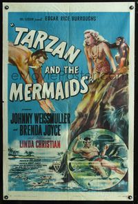 2r858 TARZAN & THE MERMAIDS 1sh '48 art of Johnny Weissmuller battling octopus & sexy Brenda Joyce!