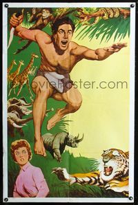 2r859 TARZAN STOCK POSTER one-sheet '60s cool artwork of generic Tarzan in loincloth w/dressed Jane!