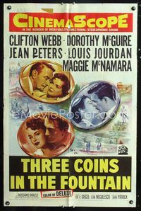 2r026 3 COINS IN THE FOUNTAIN 1sheet '54 Clifton Webb, Dorothy McGuire, Jean Peters, Louis Jourdan