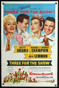 2r884 THREE FOR THE SHOW one-sheet poster '54 Betty Grable, Jack Lemmon, Marge & Gower Champion