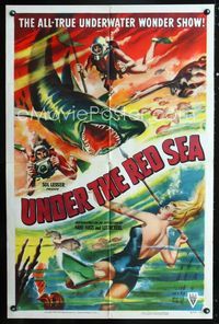 2r914 UNDER THE RED SEA one-sheet poster '52 cool art of scuba divers & sexy swimmer fighting shark!