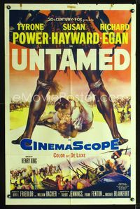 2r917 UNTAMED one-sheet '55 cool art of Tyrone Power & Susan Hayward in Africa with native tribe!