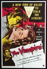 2r923 VAMPIRE linen 1sh '57 John Beal, it claws, it drains blood, cool art of monster & victim!