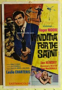 2r927 VENDETTA FOR THE SAINT one-sheet '69 Roger Moore with double-barrelled shotgun, English!