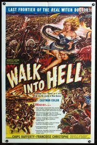 2r938 WALK INTO HELL one-sheet poster '57 great artwork of snake attacking sexy girl in the jungle!