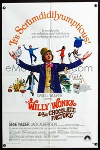 2r964 WILLY WONKA & THE CHOCOLATE FACTORY one-sheet '71 Gene Wilder, it's scrumdidilyumptious!