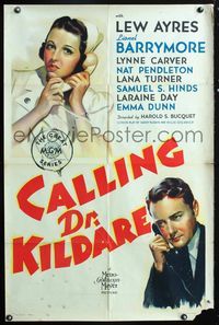2s042 CALLING DR. KILDARE one-sheet '39 artwork of Lew Ayres talking to nurse Laraine Day on phone!
