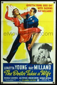 2s065 DOCTOR TAKES A WIFE style B 1sheet '40 great artwork of Milland carrying sexy Loretta Young!