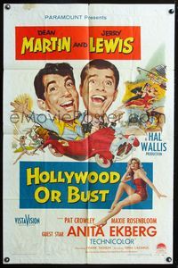 2s166 HOLLYWOOD OR BUST 1sheet '56 wacky art of Dean Martin & Jerry Lewis in car, sexy Anita Ekberg!