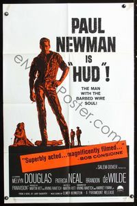 2s173 HUD one-sheet '63 Paul Newman is the man with the barbed wire soul, Martin Ritt classic!