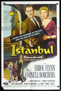 2s186 ISTANBUL one-sheet '57 Errol Flynn & Cornell Borchers in Turkey's city of a thousand secrets!