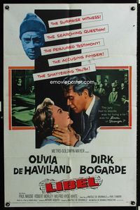 2s215 LIBEL one-sheet movie poster '59 romantic art of Olivia de Havilland & Dirk Bogarde!