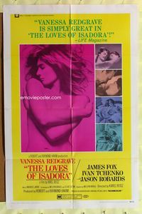 2s228 LOVES OF ISADORA 1sheet '69 super sexy naked Vanessa Redgrave covering herself with just arms!
