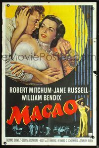 2s232 MACAO one-sheet movie poster '52 great artwork of Robert Mitchum romancing sexy Jane Russell!