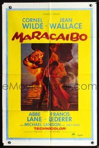 2s261 MARACAIBO one-sheet '58 romantic artwork of Cornel Wilde & Jean Wallace in front of explosion!