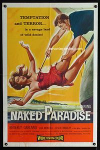 2s310 NAKED PARADISE one-sheet poster '57 art of super sexy falling Beverly Garland caught by hook!