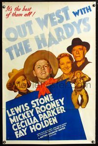 2s361 OUT WEST WITH THE HARDYS style C one-sheet '38 cowboy Mickey Rooney as Andy Hardy, Lewis Stone
