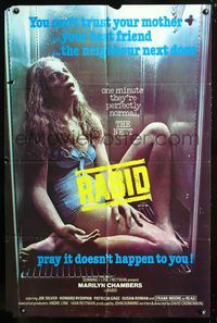 2s405 RABID int'l 1sh '77 gruesome image of Marilyn Chambers dead in refrigerator, David Cronenberg