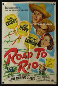 2s412 ROAD TO RIO one-sheet poster '48 great portrait art of Bing Crosby, Bob Hope, & Dorothy Lamour
