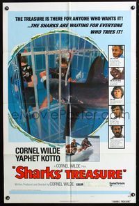 2s426 SHARKS' TREASURE Style C one-sheet '75 cool photo of scuba divers in cage attacked by shark!