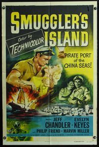 2s438 SMUGGLER'S ISLAND one-sheet poster '51 artwork of manly Jeff Chandler & sexy Evelyn Keyes!