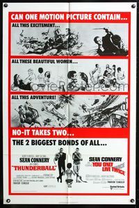 2s484 THUNDERBALL/YOU ONLY LIVE TWICE one-sheet '71 Sean Connery's two biggest James Bonds of all!