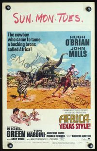 2t014 AFRICA - TEXAS STYLE WC '67 cool art of Hugh O'Brien lassoing zebra by stampeding animals!