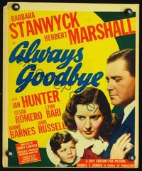 2t019 ALWAYS GOODBYE window card movie poster '38 Barbara Stanwyck, Herbert Marshall, John Russell