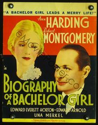 2t039 BIOGRAPHY OF A BACHELOR GIRL window card '34 Ann Harding leads a merry life, Robert Montgomery