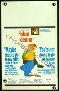 2t041 BLUE DENIM window card poster '59 close up of Carol Lynley & Brandon DeWilde, teen pregnancy!
