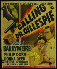 2t059 CALLING DR. GILLESPIE window card '42 artwork of man with gun, Philip Dorn & young Donna Reed!